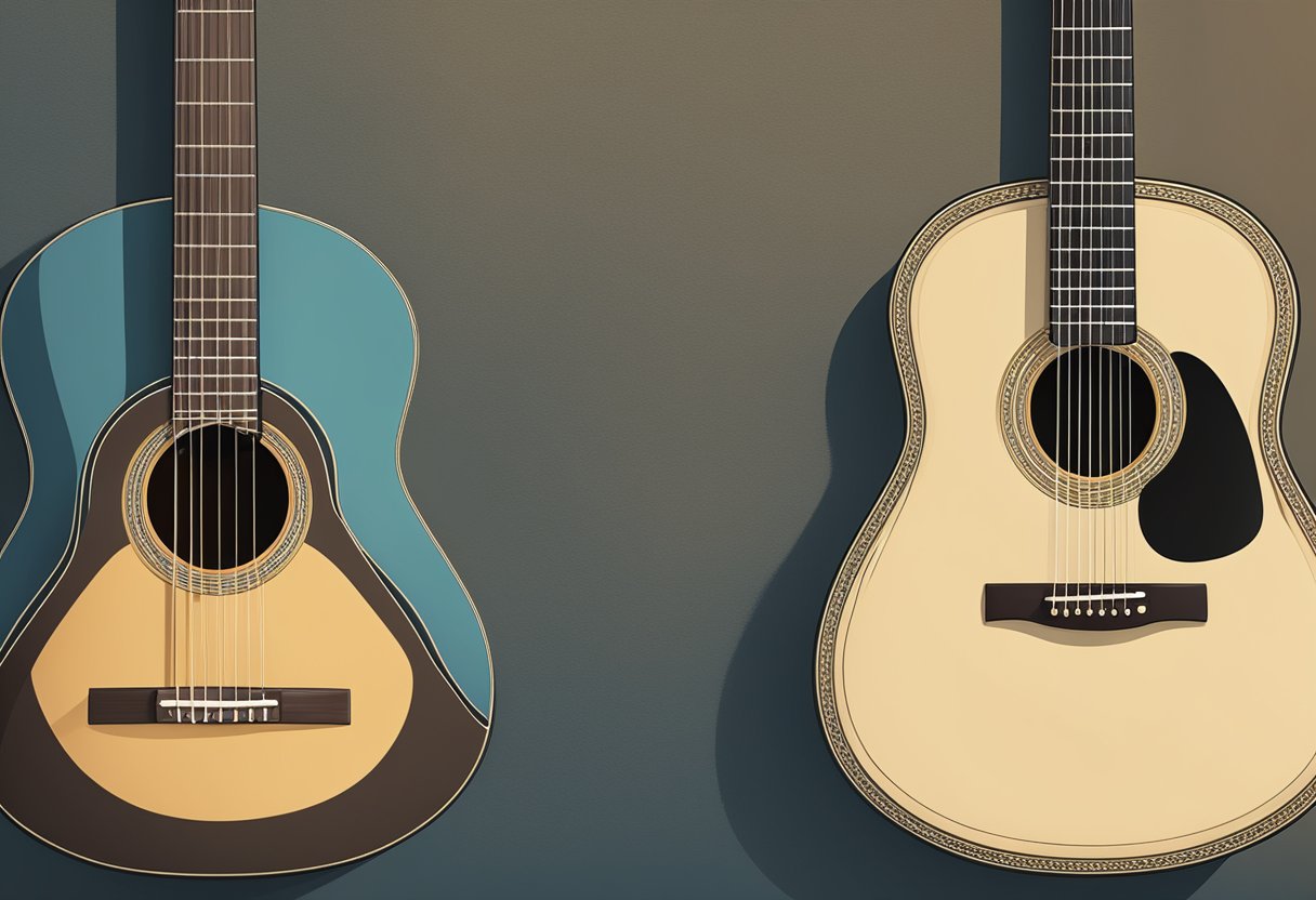 An acoustic guitar and a classical guitar side by side, highlighting their distinct features and differences