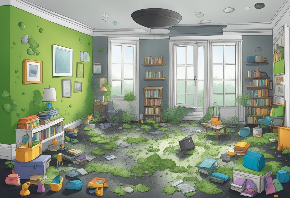 A dark, damp room with visible mold growth on walls and ceilings. Different types of mold, such as black, green, and white, are present. Children's toys and books are scattered around the room