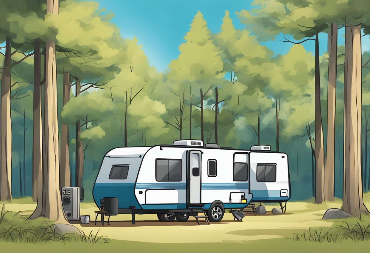 A camping site with two power outlets labeled "20 amp" and "30 amp" side by side, surrounded by trees and a clear blue sky