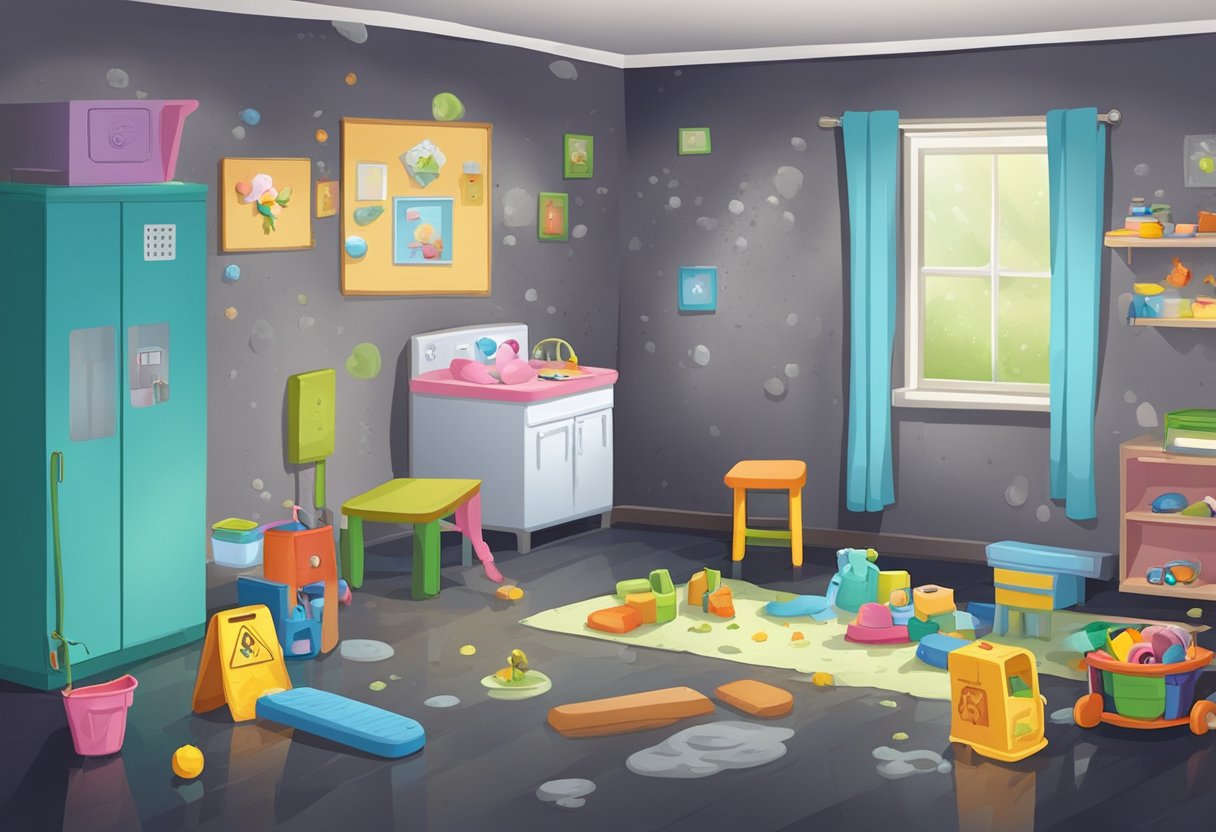 A dark, damp room with visible mold growth on walls and ceilings. Children's toys and furniture are covered in mold. A warning sign about health risks is posted on the door