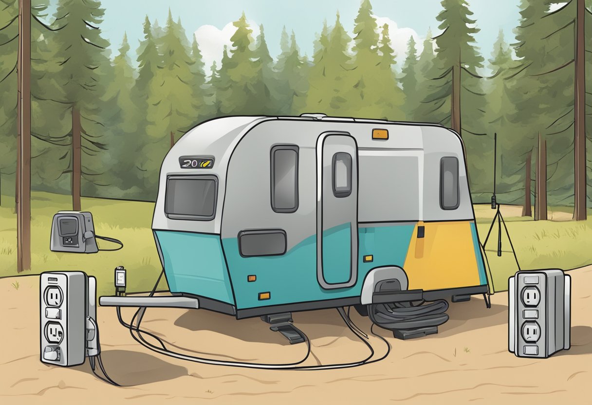 A campsite with two power outlets, one labeled "20 amp" and the other "30 amp." Each outlet has a different plug shape and voltage rating