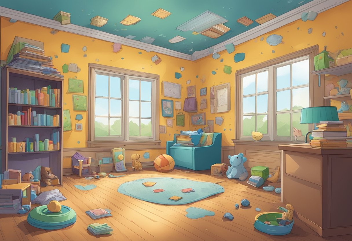 A room with visible mold growth on walls and ceiling. Children's toys and books are scattered around the room. Windows are closed, and there is little ventilation