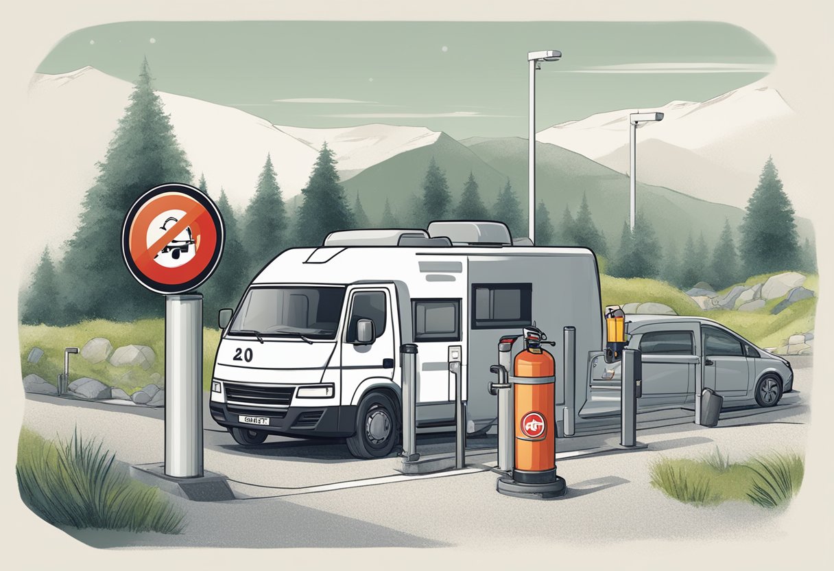 A sign at Eurotunnel entrance shows "No Camping Gas Allowed" with a red circle and line across a camping gas canister