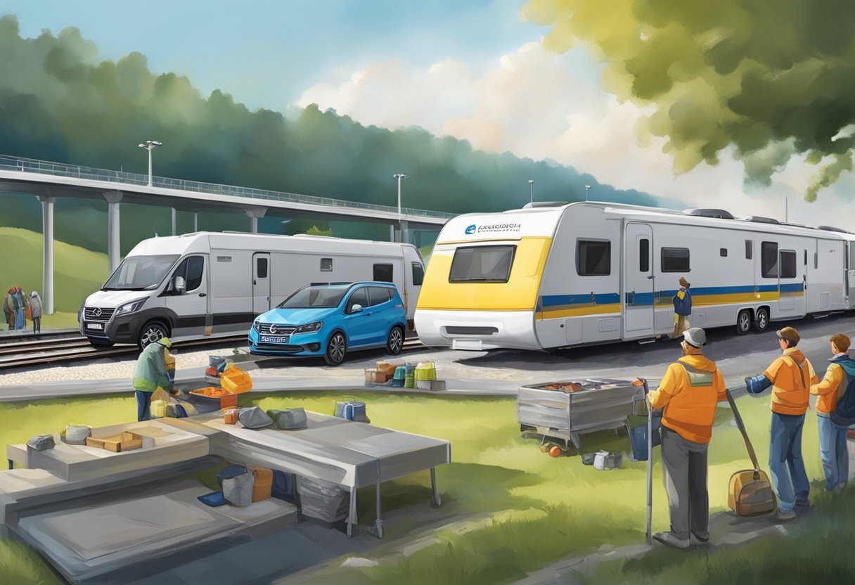 Campers and caravans loading camping gas onto Eurotunnel train