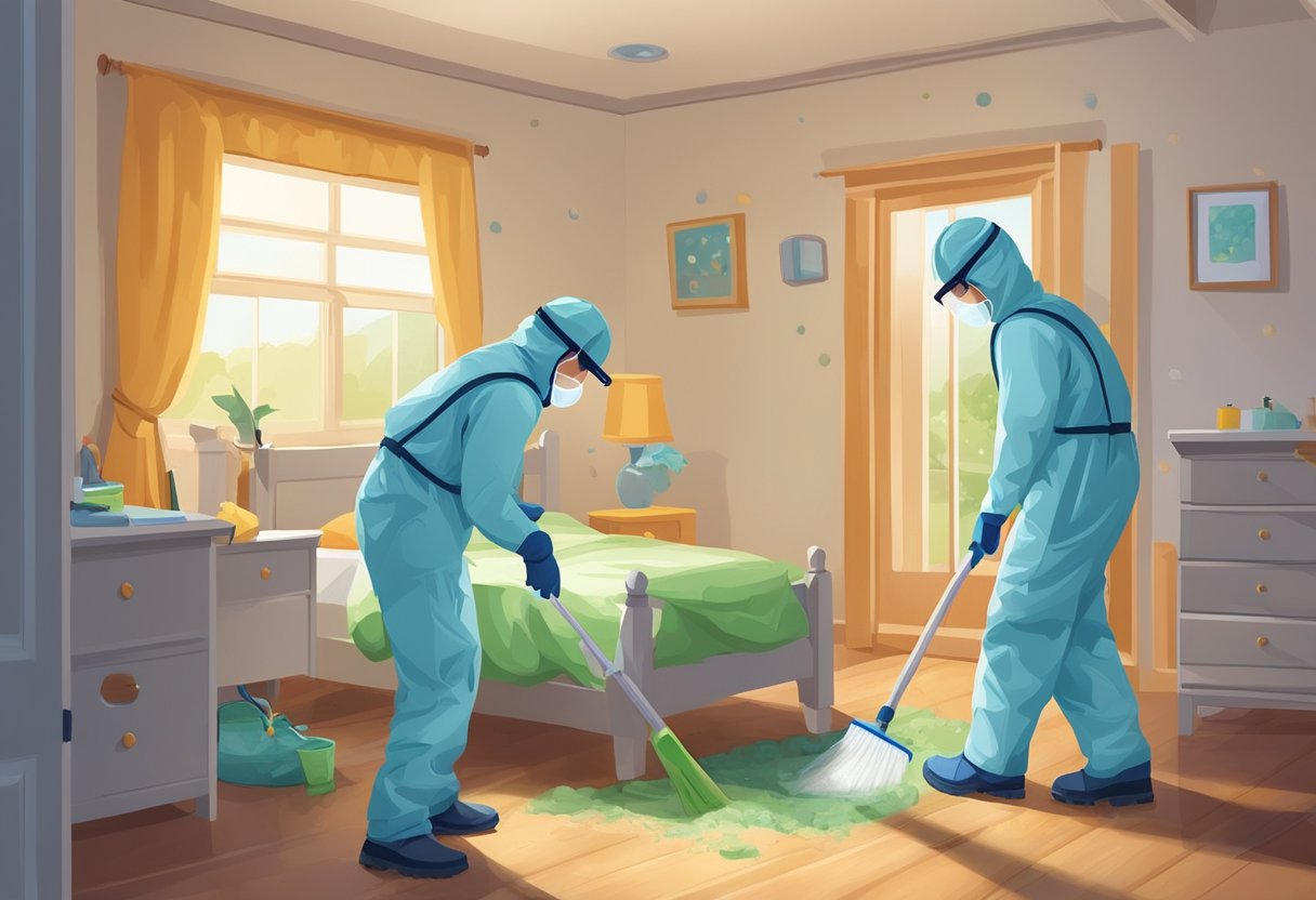 A team of workers in protective gear removes mold from a child's bedroom. The room is being thoroughly cleaned and sanitized to protect the child from the health risks associated with mold exposure