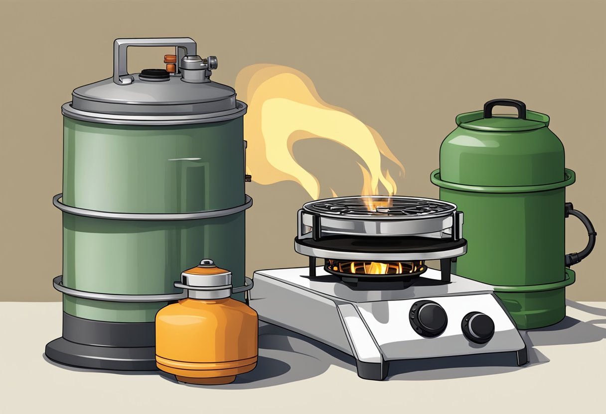 A camping stove sits on a table, connected to a propane tank with a gas regulator attached