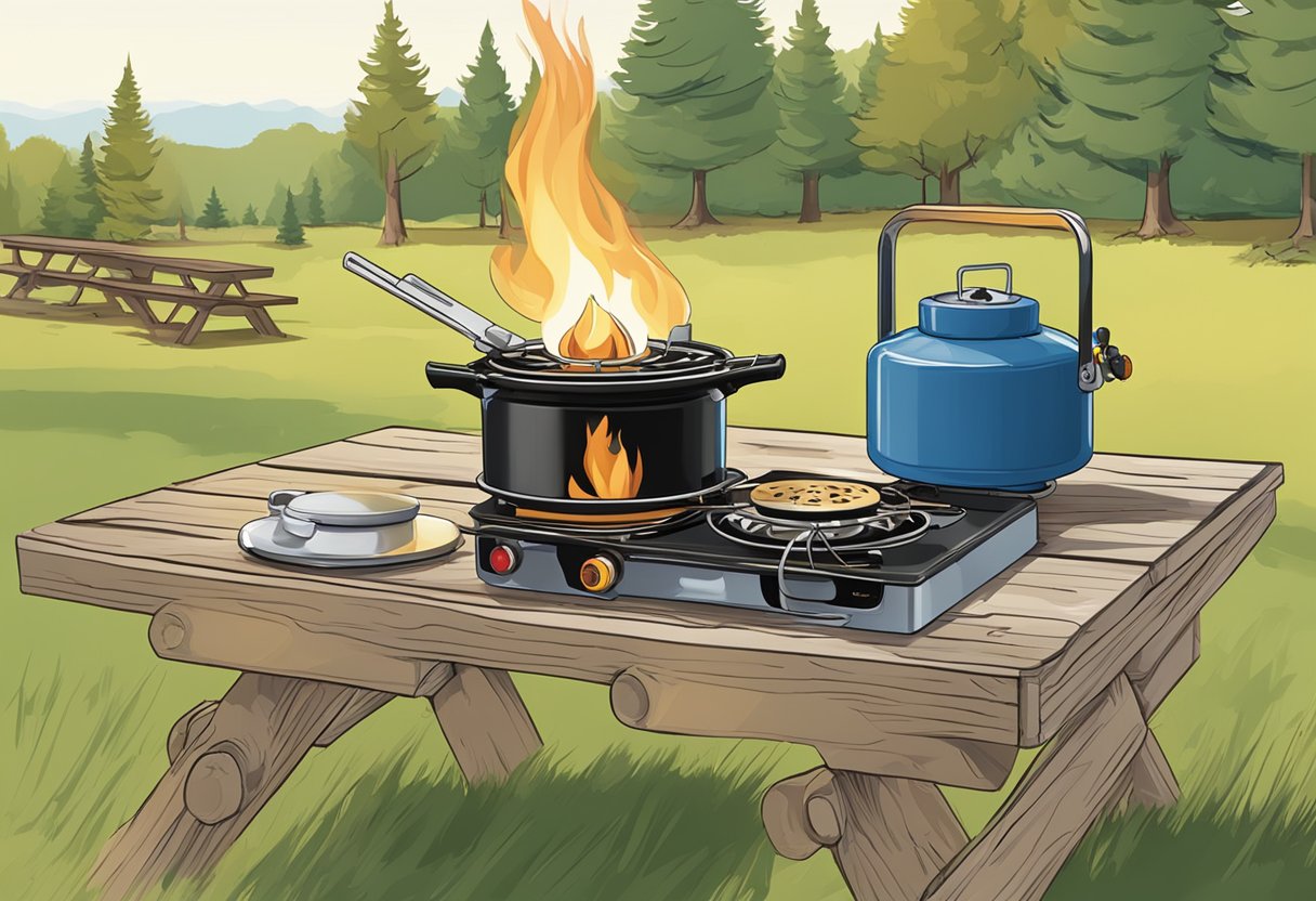 A camping stove sits on a picnic table with a gas regulator attached, connecting the stove to a propane tank. The flame burns steadily, indicating proper regulation