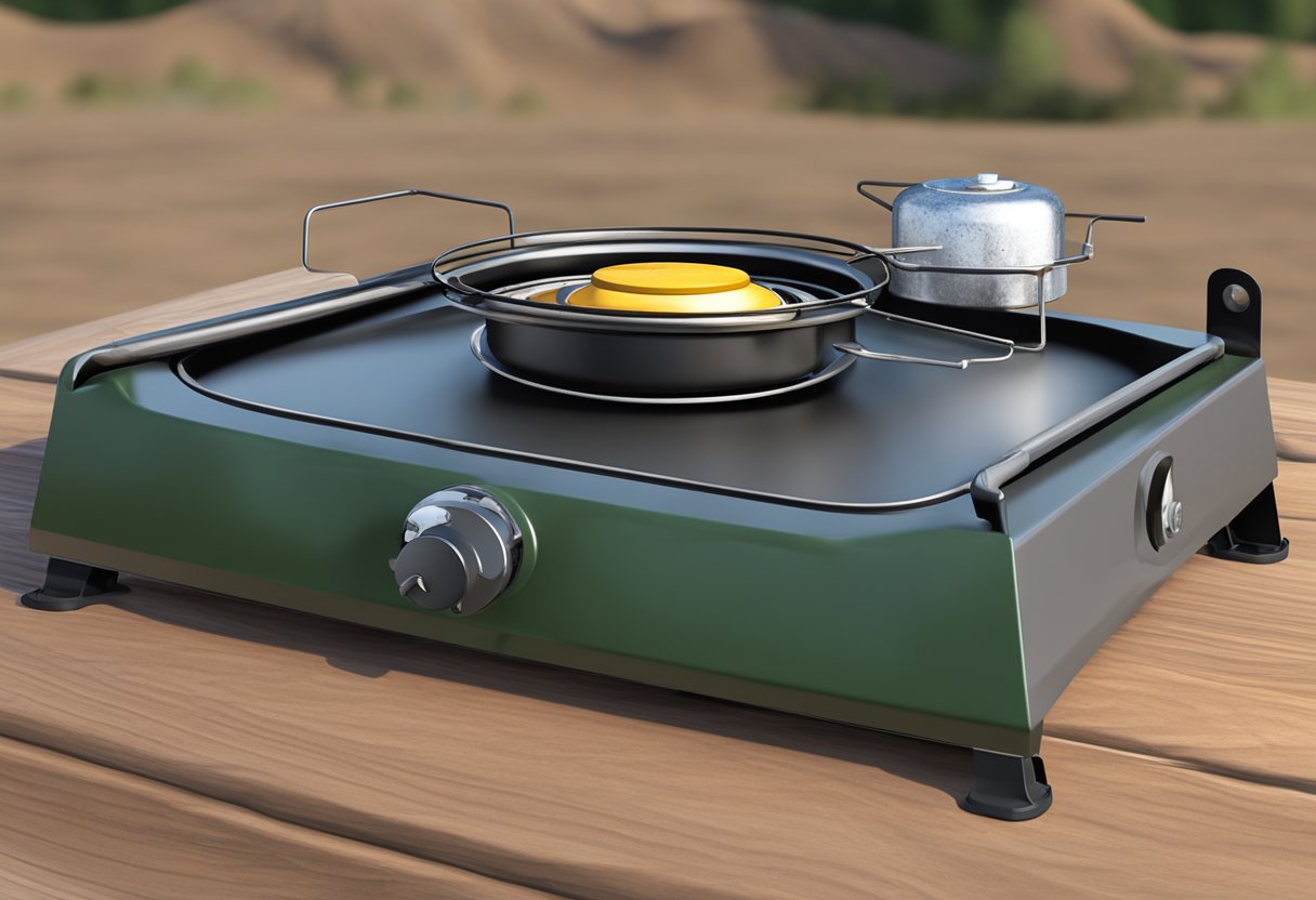 A camping stove sits on a stable surface. A gas regulator is attached to the stove, ensuring safe and controlled fuel flow