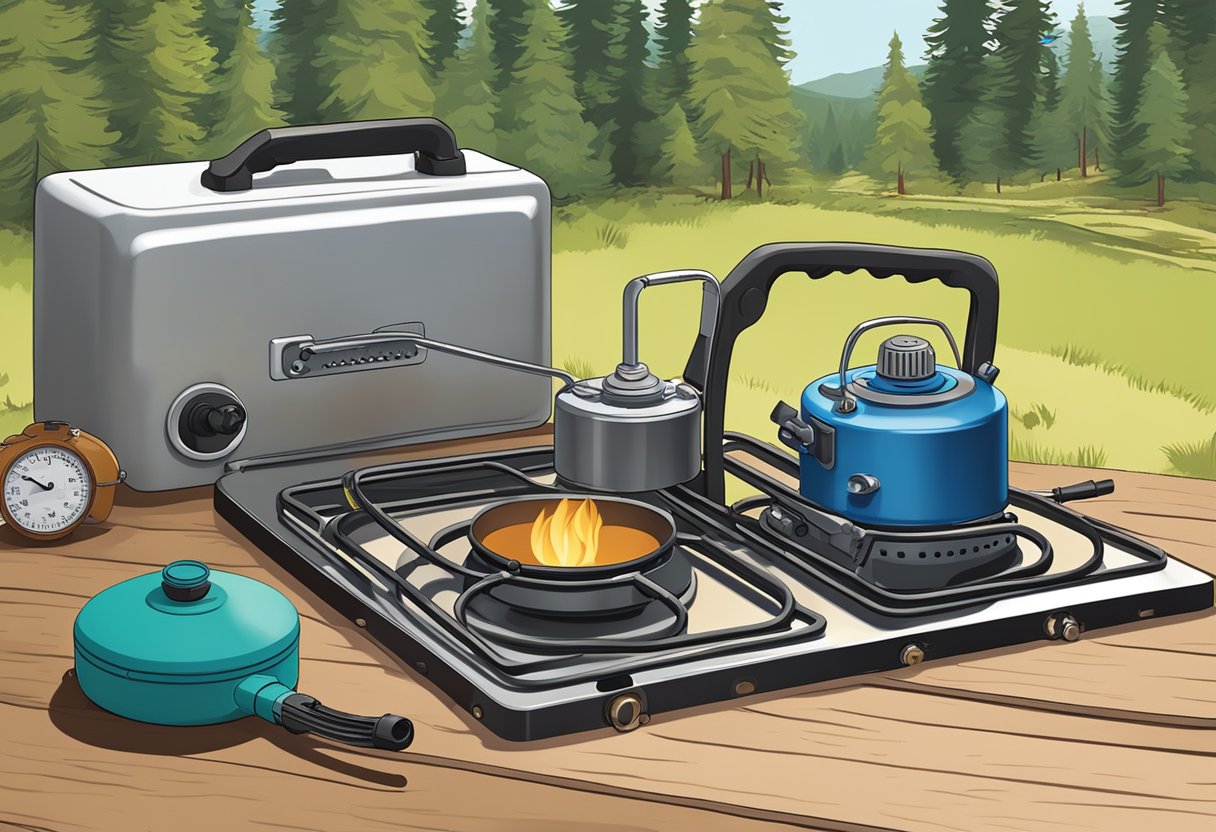 A hand reaches for a gas regulator next to a camping stove, with a backdrop of a scenic outdoor camping setting