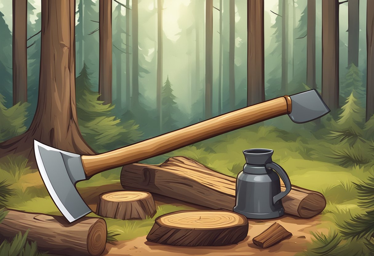 A camping axe and a hatchet lay on a wooden stump in a forest clearing, surrounded by scattered wood chips and logs