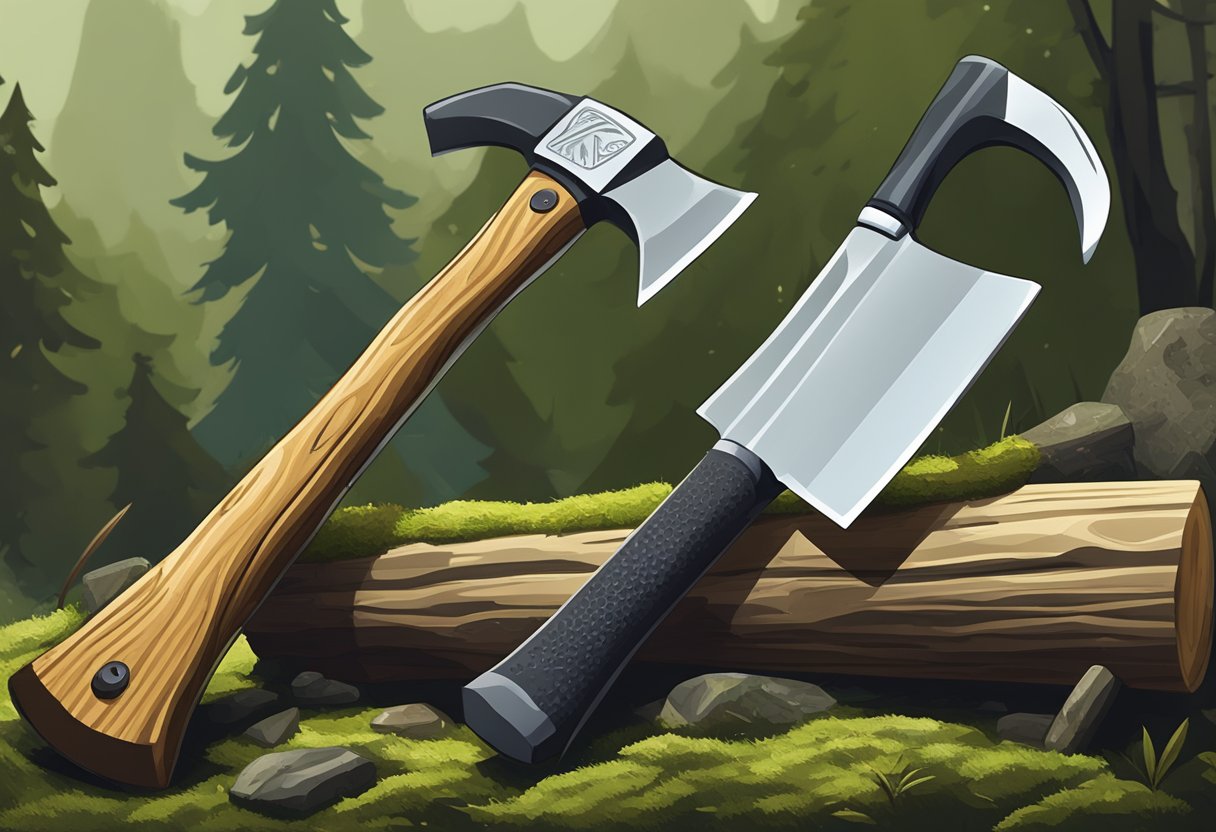 A camping axe and hatchet lay side by side on a mossy log. The axe has a longer handle and a wider blade, while the hatchet is smaller with a shorter handle and a more compact blade