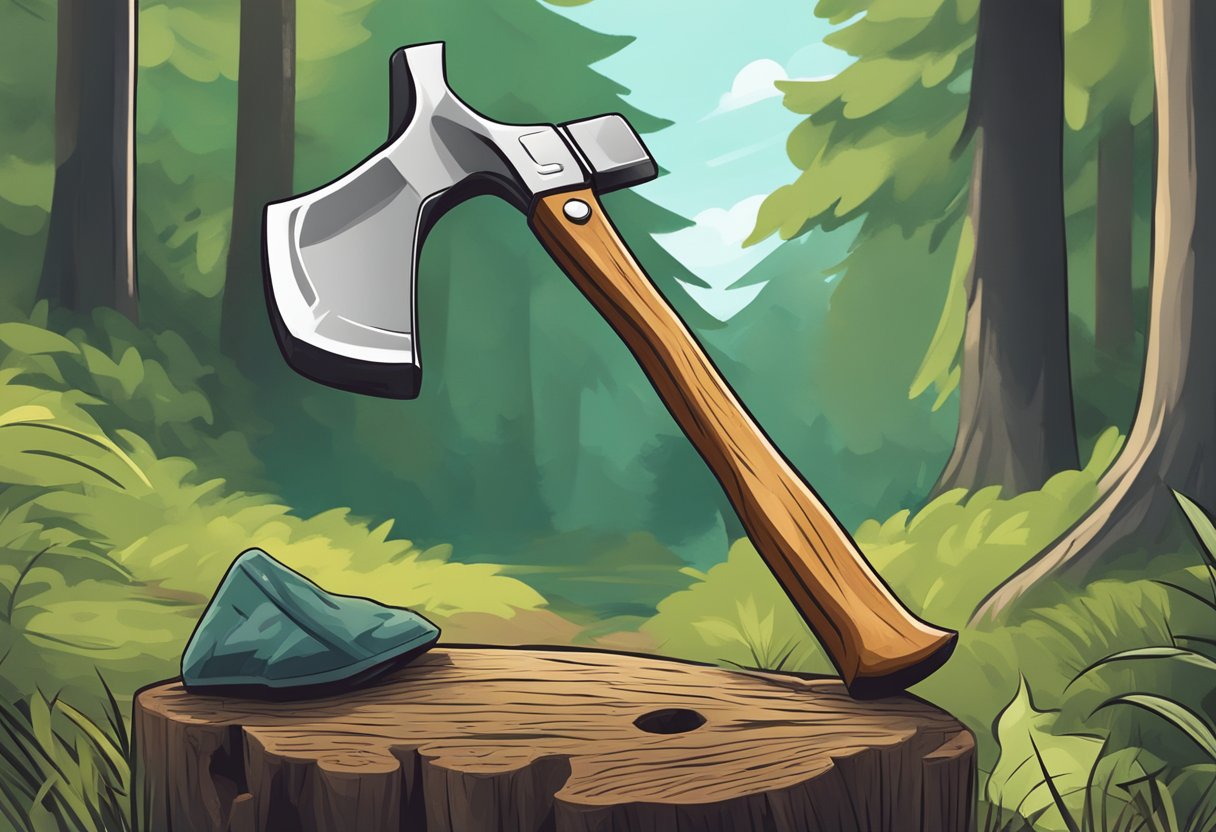 A hand reaches for a camping axe and hatchet, placed side by side on a wooden stump in a forest clearing