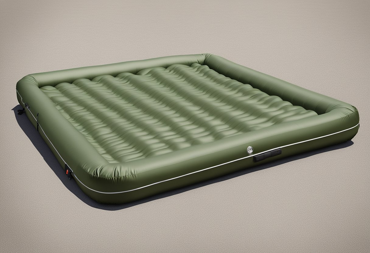 A camping pad lies flat on the ground, while an air mattress is inflated and raised off the ground. The camping pad is thin and made of durable material, while the air mattress is thicker and has a soft, cushioned surface