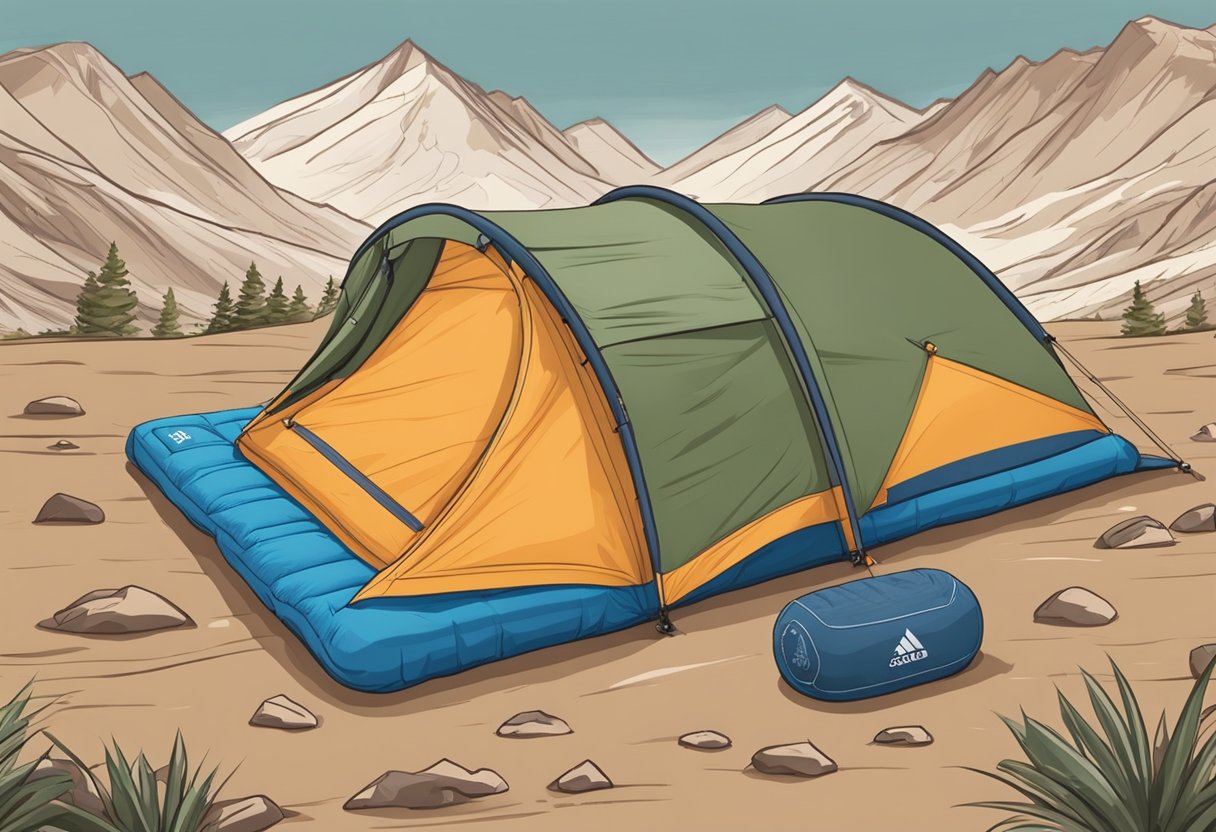 A camping pad and air mattress lay side by side, surrounded by rugged terrain. The pad appears sturdy and compact, while the air mattress looks plush but less durable