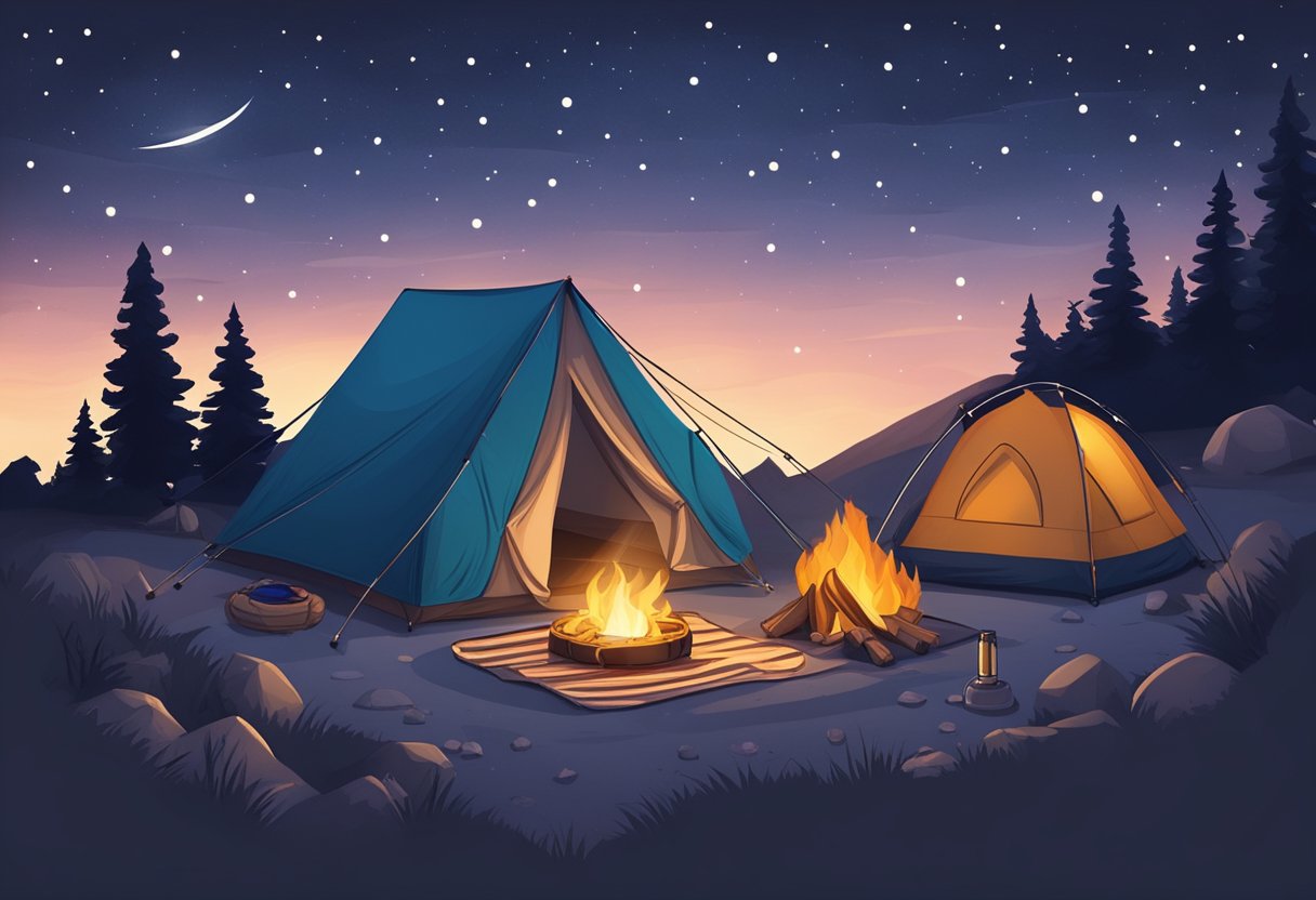 A camping scene with a sleeping pad and air mattress laid out on the ground next to a cozy campfire under a starry night sky