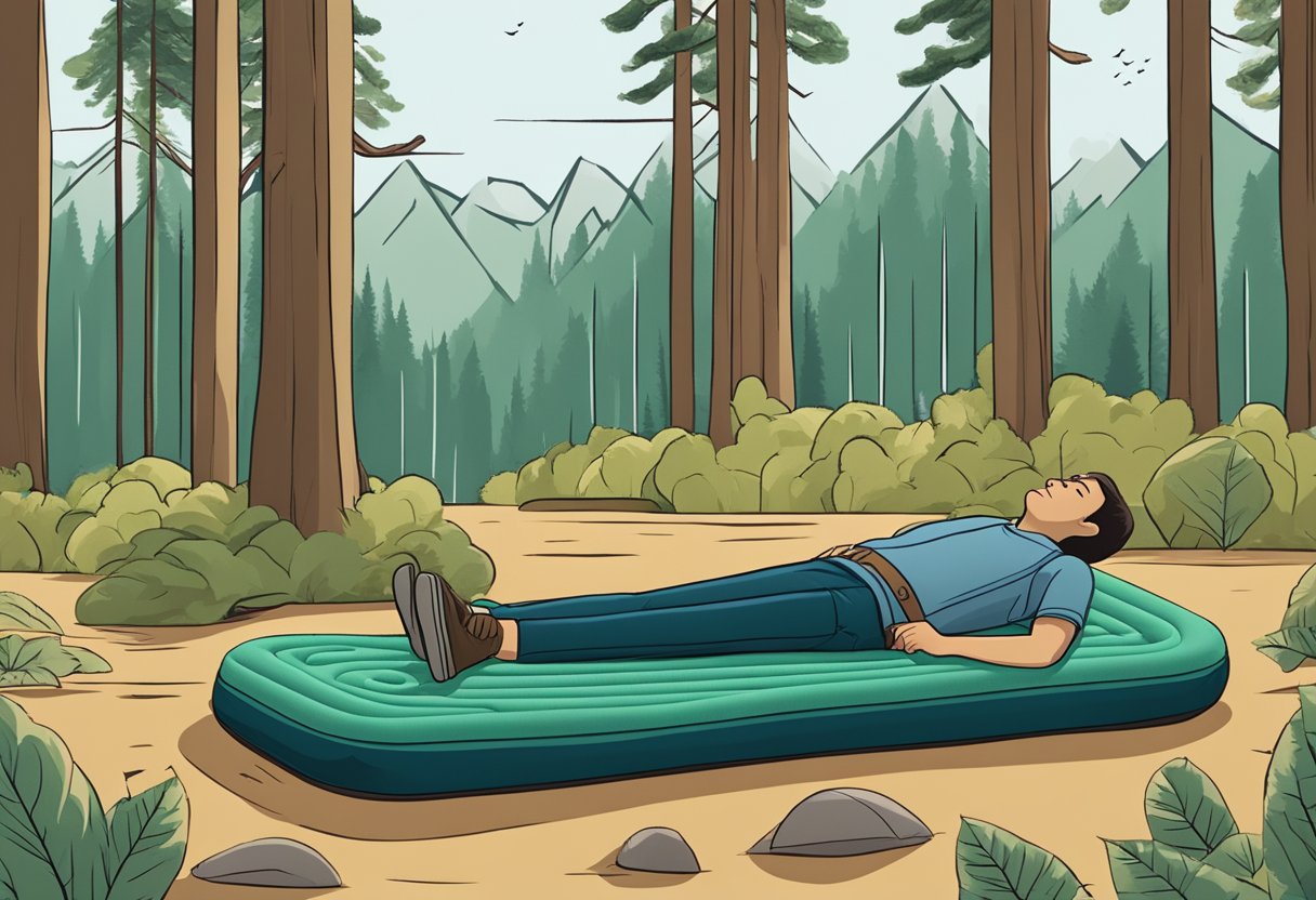 A person lies on a camping sleeping pad and an air mattress, surrounded by a forest. The sleeping pad provides minimal insulation, while the air mattress offers more comfort and warmth