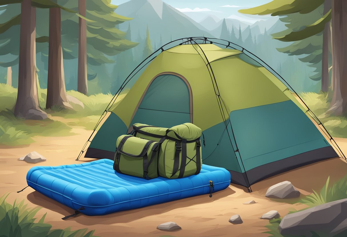 A compact camping sleeping pad is rolled up next to an deflated air mattress, with a backpack and tent in the background