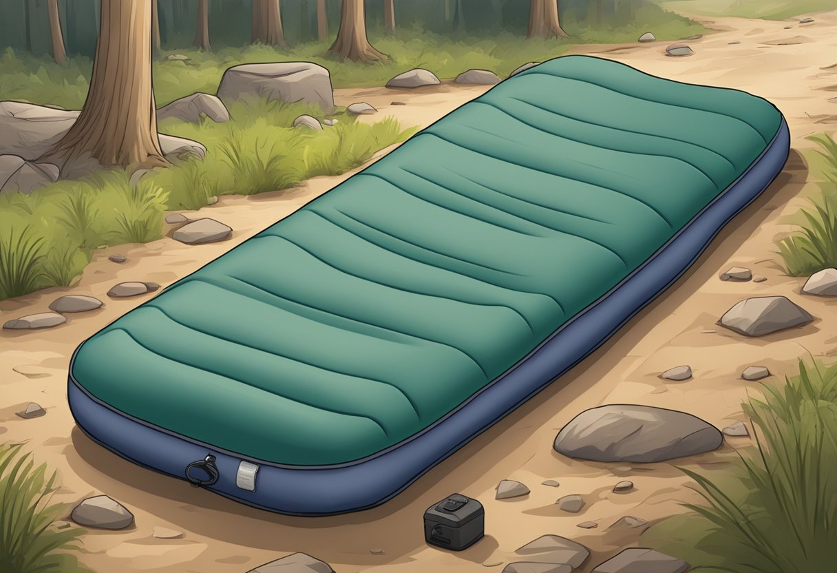 A camping sleeping pad lies on rugged ground, showing signs of wear but still intact. An air mattress is being inflated with a pump, ready for use