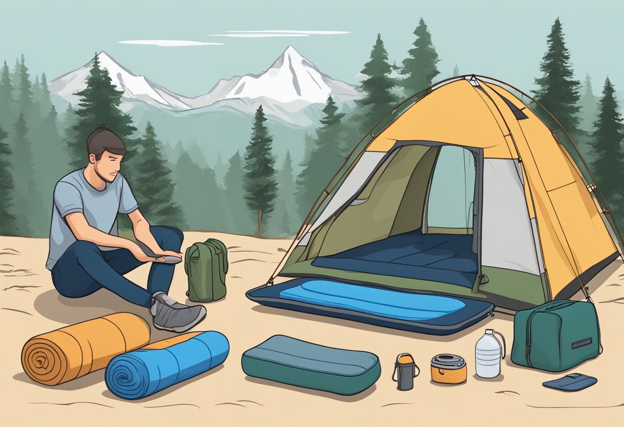 A person unpacks camping gear, comparing a compact sleeping pad and a bulky air mattress. They weigh the pros and cons, considering size, weight, and comfort