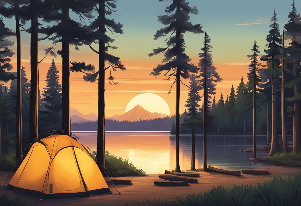 Sunset over Timothy Lake, with tents pitched on the shore and a glowing campfire surrounded by towering trees