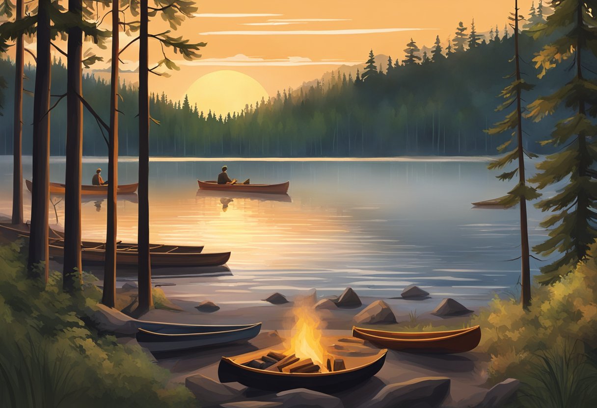 Sunset over Timothy Lake, with campfire smoke rising. Canoes on the shore, and a peaceful forest backdrop