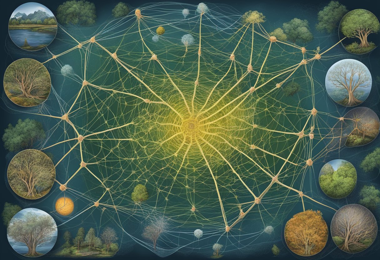 A tangled web of interconnected pathways, with the CIRS and Lyme Disease at the center, surrounded by intricate layers of symptoms and treatments