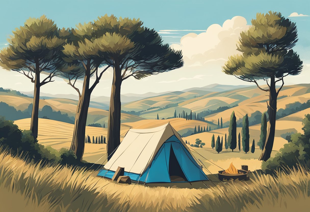 A serene campsite in the Tuscan countryside, with rolling hills, cypress trees, and a clear blue sky. A small tent is pitched in the foreground, with a crackling campfire nearby