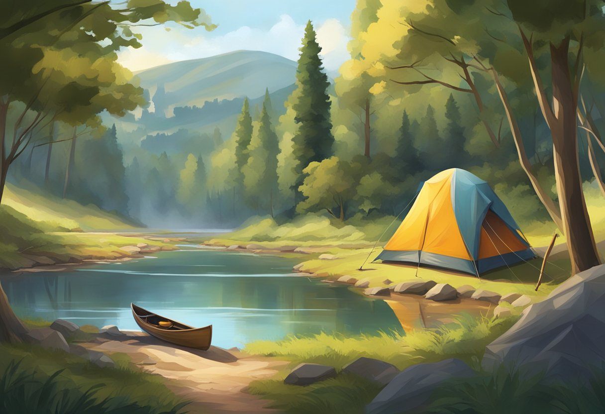 A serene campsite nestled in the lush forests of Florence, with cozy tents, crackling campfires, and a tranquil river flowing nearby