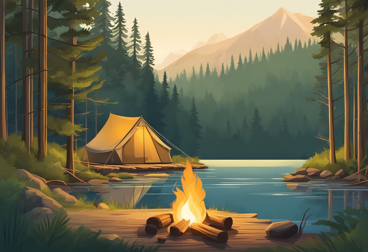 A campfire crackles beside a tent in a lush forest. Hiking trails wind through the trees, leading to a serene lake. Canoes and fishing poles lean against a rustic cabin