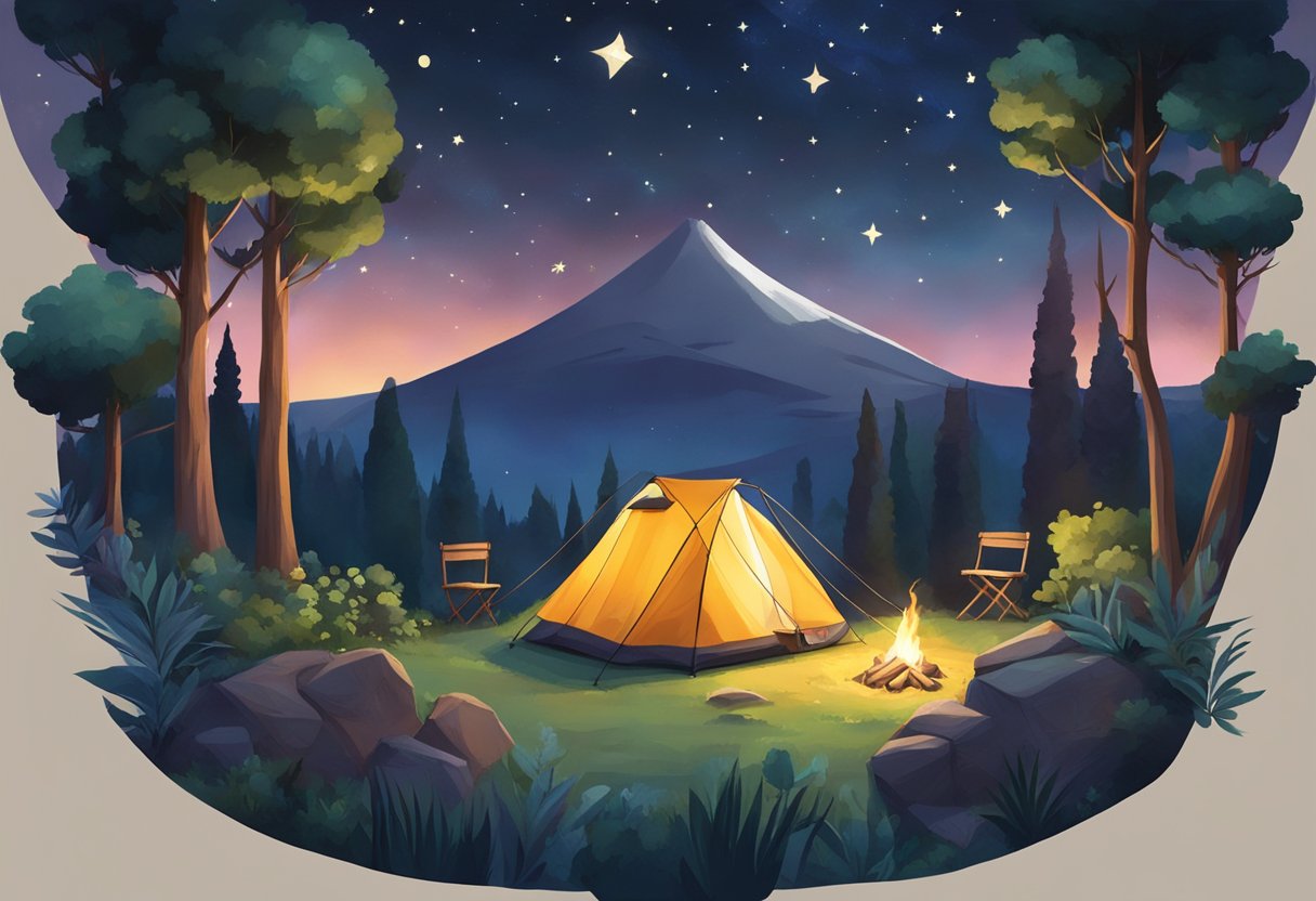 A serene campsite in Florence, with a colorful tent pitched amidst lush greenery, a crackling campfire, and a clear starry night sky above