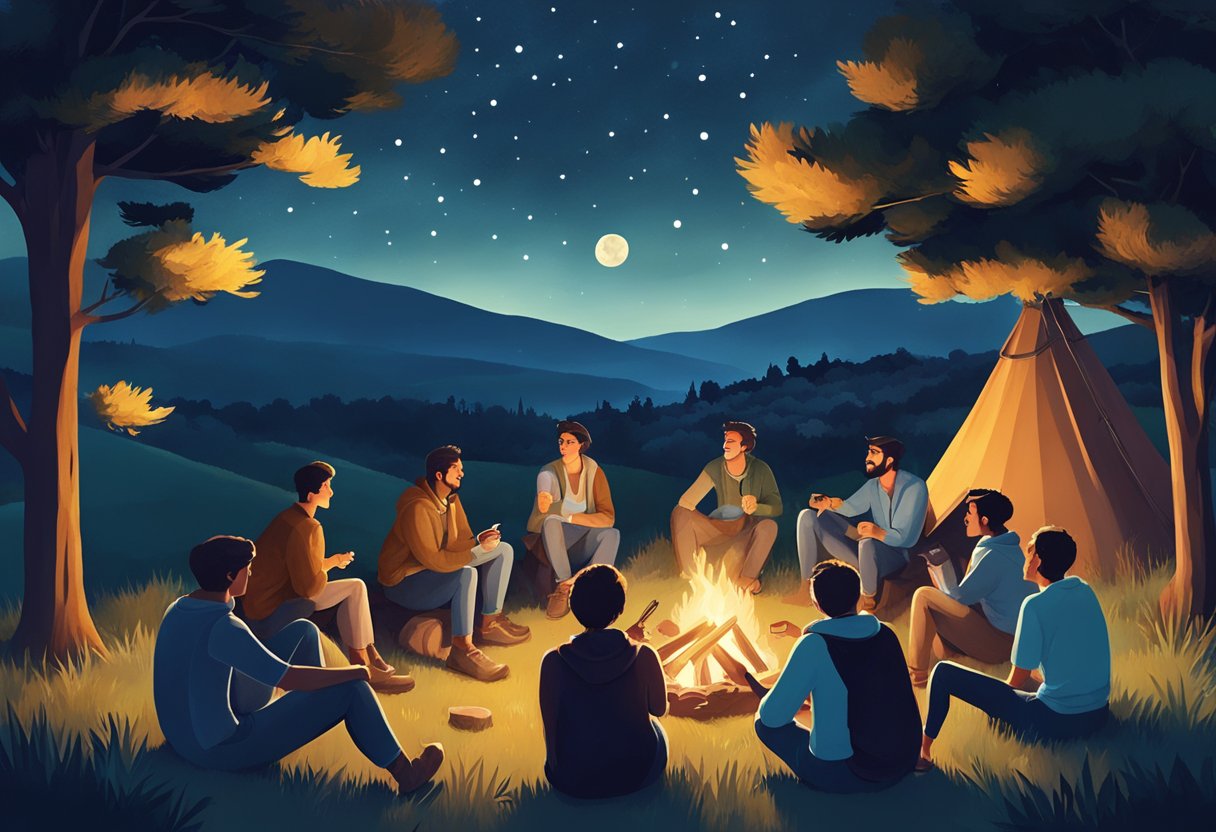 A group of people gather around a campfire in the serene countryside of Florence, sharing stories and laughter under the starry night sky