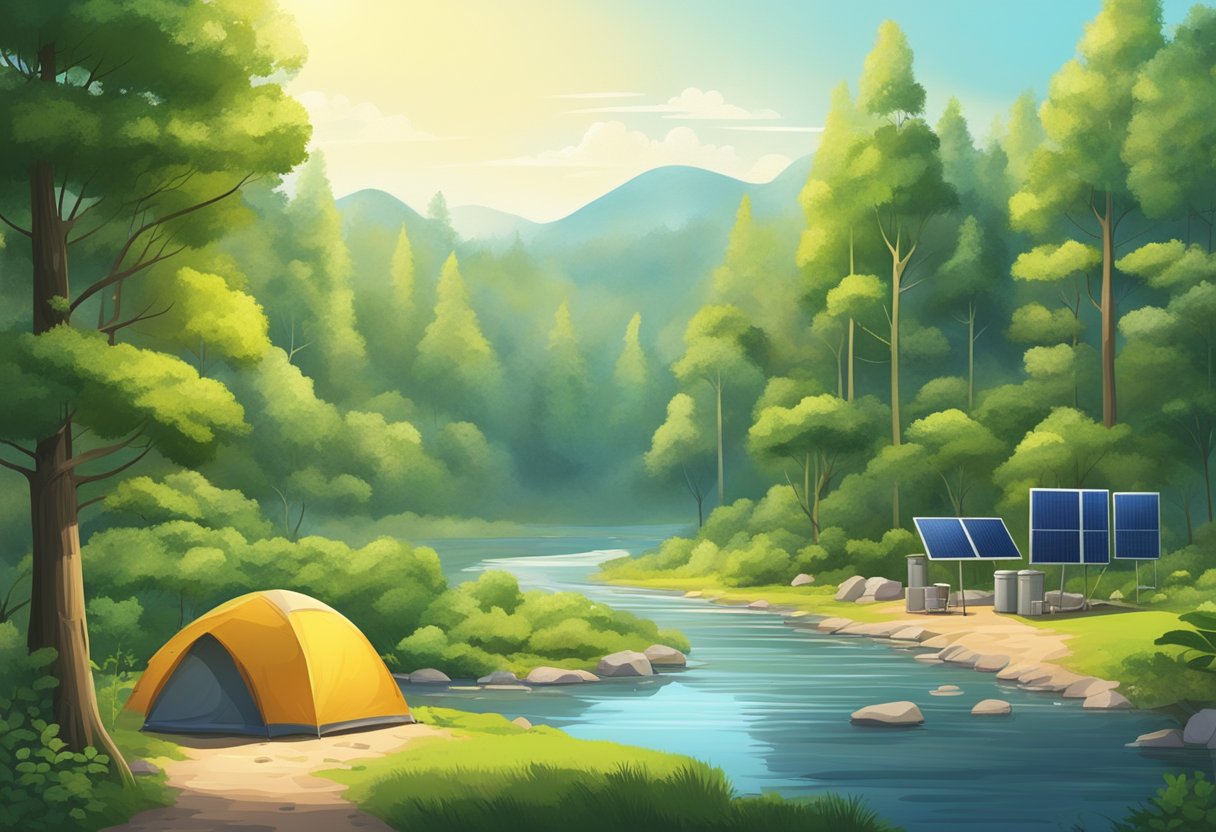 A serene forest with a flowing river, lush greenery, and a clear blue sky. A campsite with solar panels, recycling bins, and a composting area