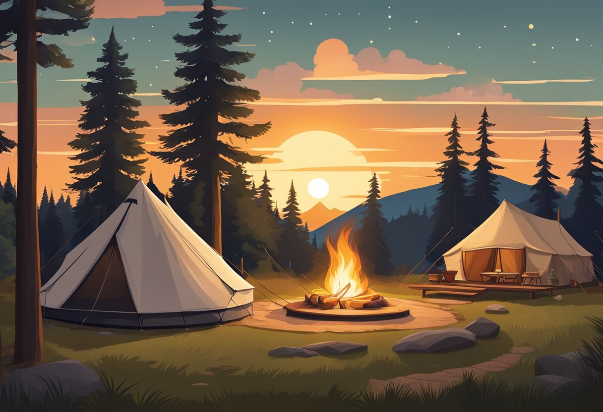 A luxurious glamping tent sits beside a cozy campfire, while traditional camping tents are pitched in the background. The sun sets over a serene forest setting