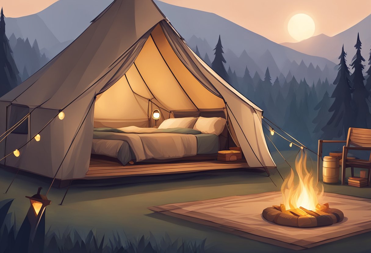 A glamping tent with a comfortable bed, cozy lighting, and stylish decor next to a traditional camping tent with sleeping bags and a campfire