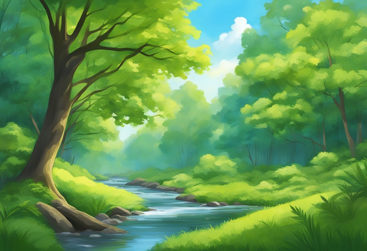 A serene forest scene with a clear stream, lush green foliage, and a bright blue sky, conveying a sense of peace and natural beauty