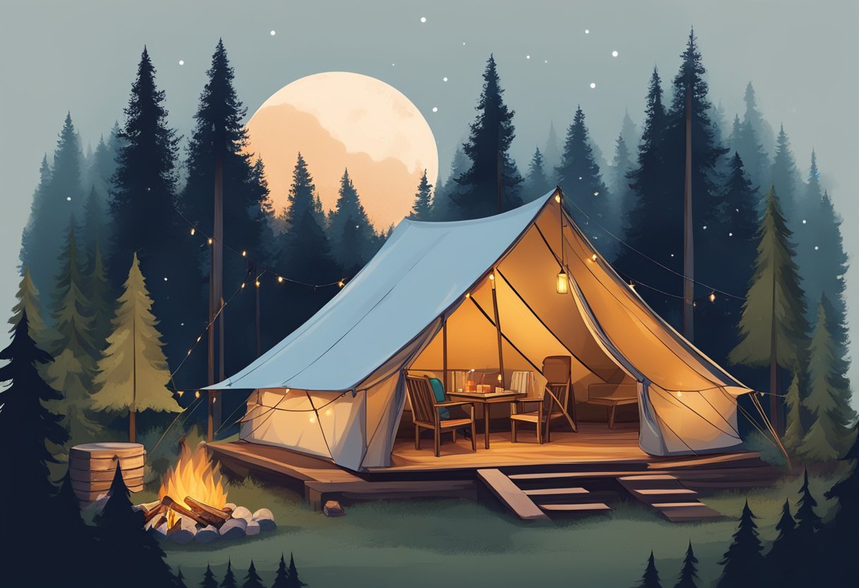 A cozy glamping tent nestled in a lush forest, with a crackling fire pit and twinkling string lights, contrasting a rugged camping site with a rustic tent and a roaring campfire