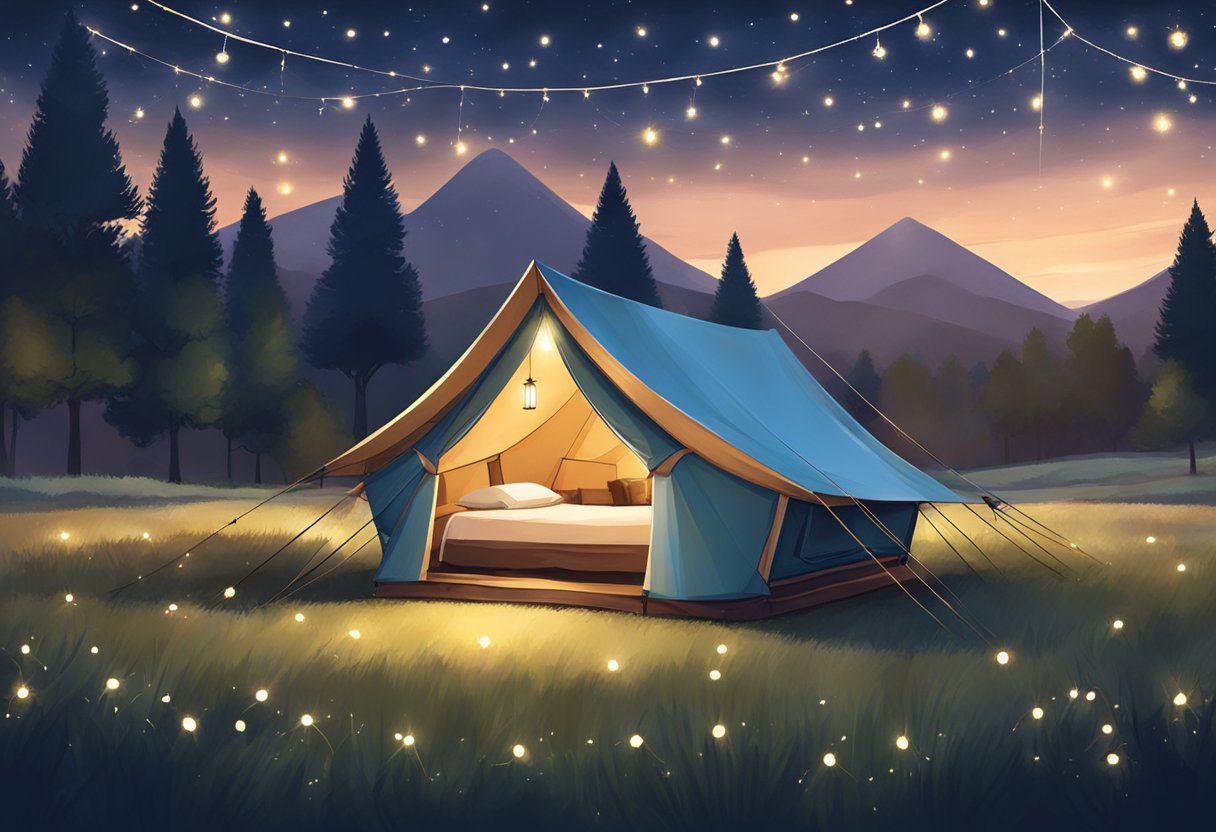 A cozy glamping tent sits on a lush, grassy field, surrounded by twinkling fairy lights. Nearby, a traditional camping tent is pitched under the stars