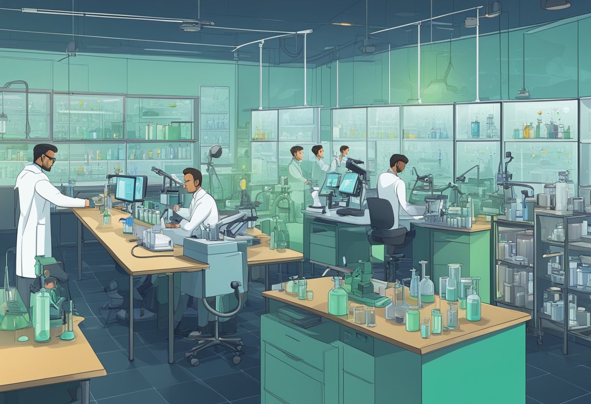 Scientists in a lab, researching CIRS and Lyme Disease. Microscopes, test tubes, and medical equipment fill the space. Charts and graphs cover the walls