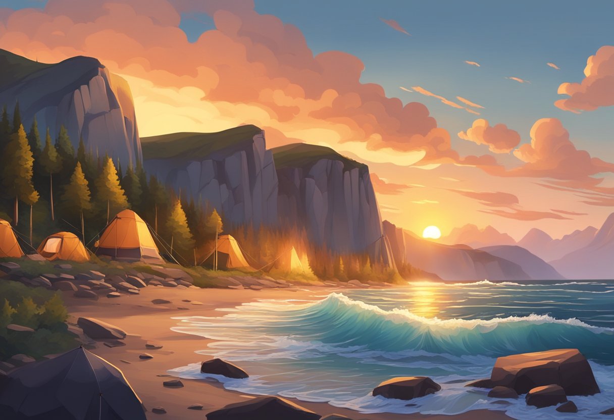 The sun sets behind the rugged cliffs as waves crash against the shore. A campfire flickers, casting a warm glow on the tents nestled among the trees