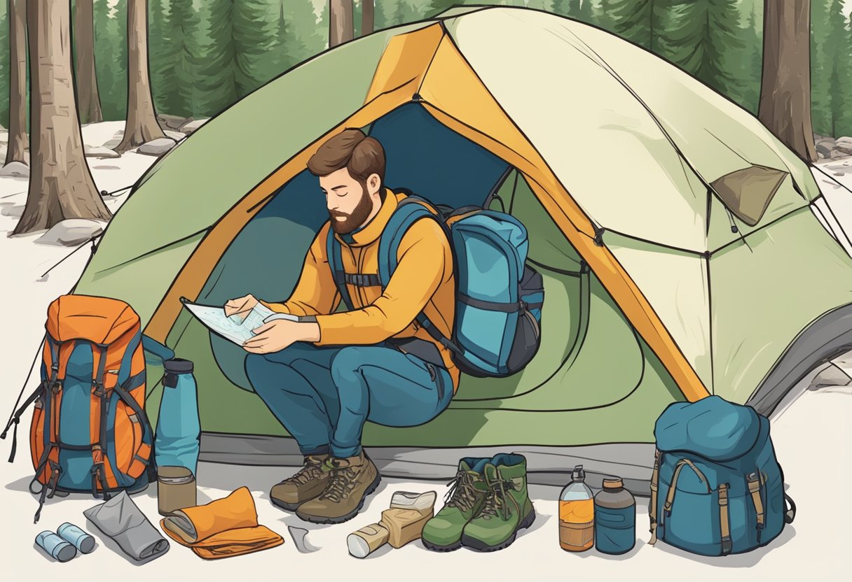 A person packs a backpack with a tent, sleeping bag, and food. They gather hiking boots, a map, and a water bottle