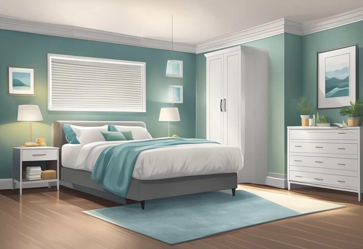 A clean, well-ventilated room with mold-resistant paint, dehumidifier, and air purifier. No visible mold or mildew. Allergy-friendly furnishings and bedding