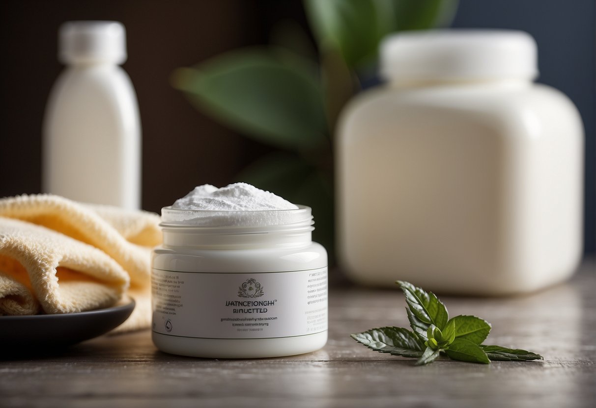 A baby powder bottle next to a tube of cream, with a soft, fluffy towel in the background