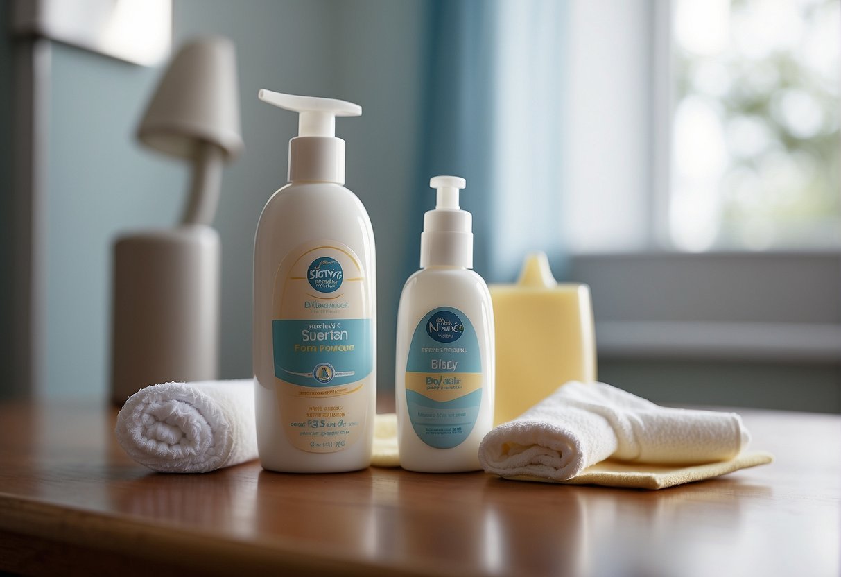 A baby powder bottle next to a tube of cream on a changing table, with a soft towel and a diaper in the background