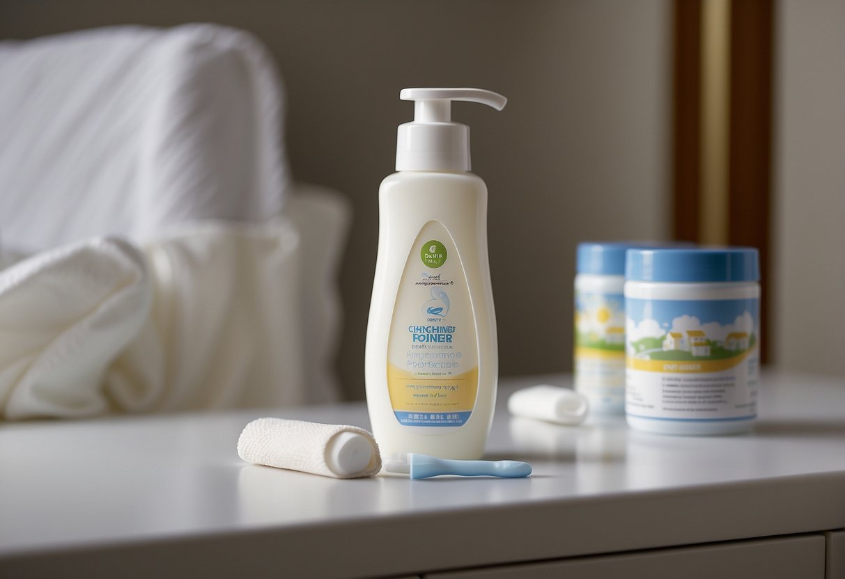 A baby powder bottle and a tube of cream on a changing table, with a safety guidebook nearby