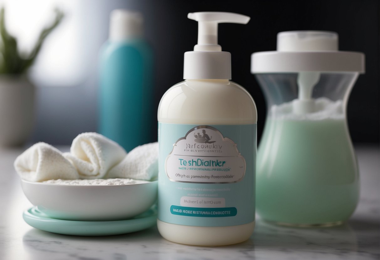 A baby powder bottle and a tube of cream sit on a changing table. A baby's diaper is open, with a parent's hand hovering over the products, trying to decide which to use