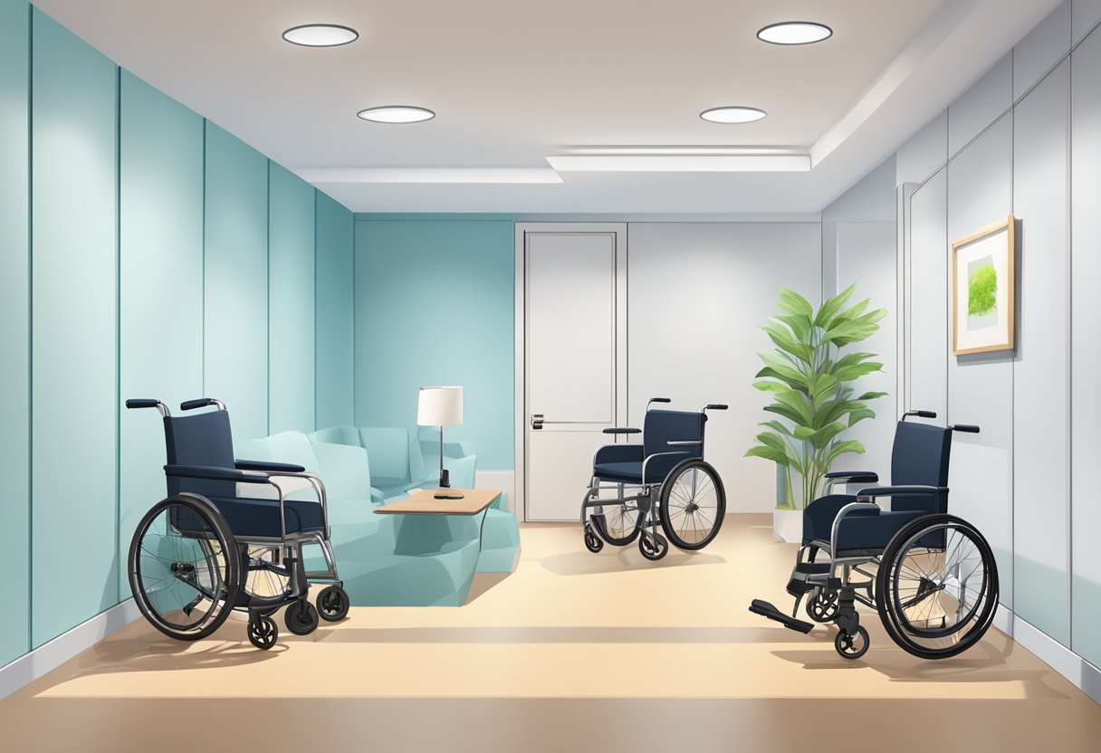 A room with hypoallergenic furniture, air purifiers, and mold-resistant materials. Clear pathways for wheelchair access. Signs for easy navigation