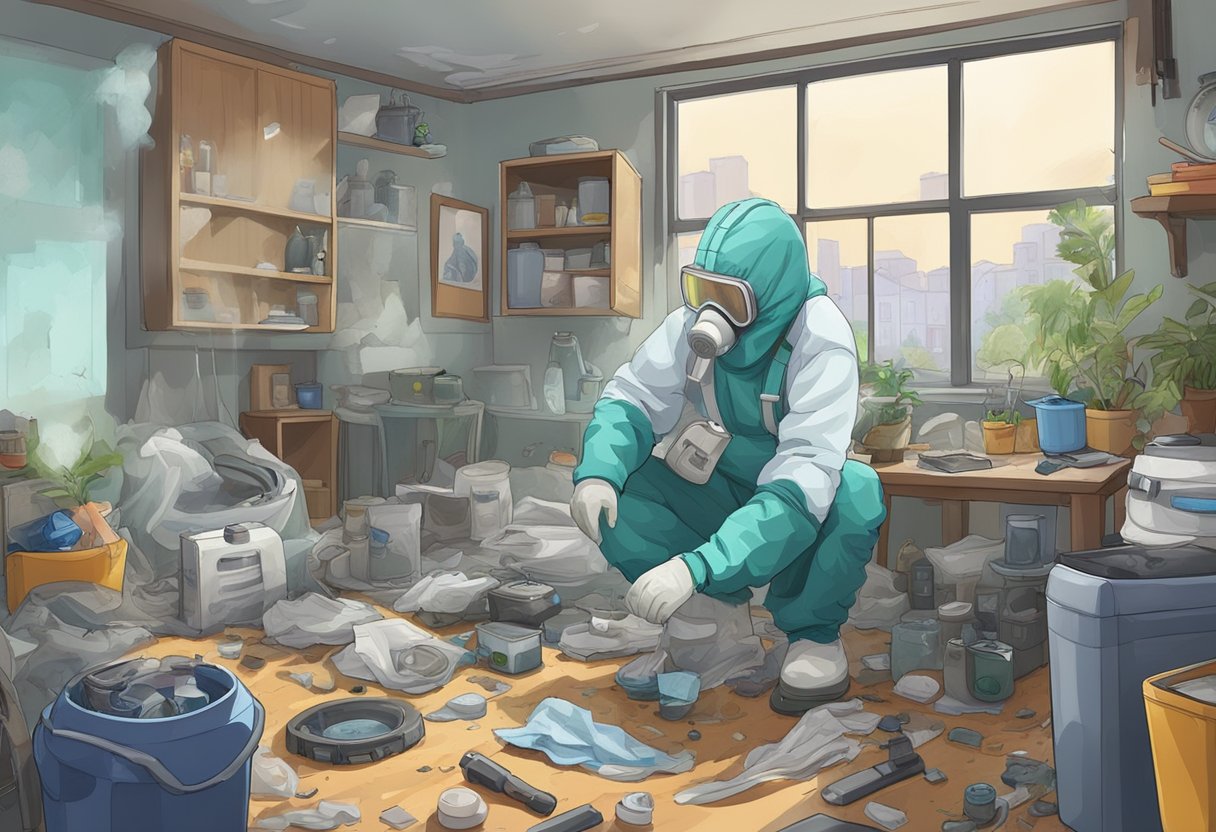 A cluttered room with moldy surfaces. A person wearing protective gear removes contaminated items. Windows are open, and air purifiers are running