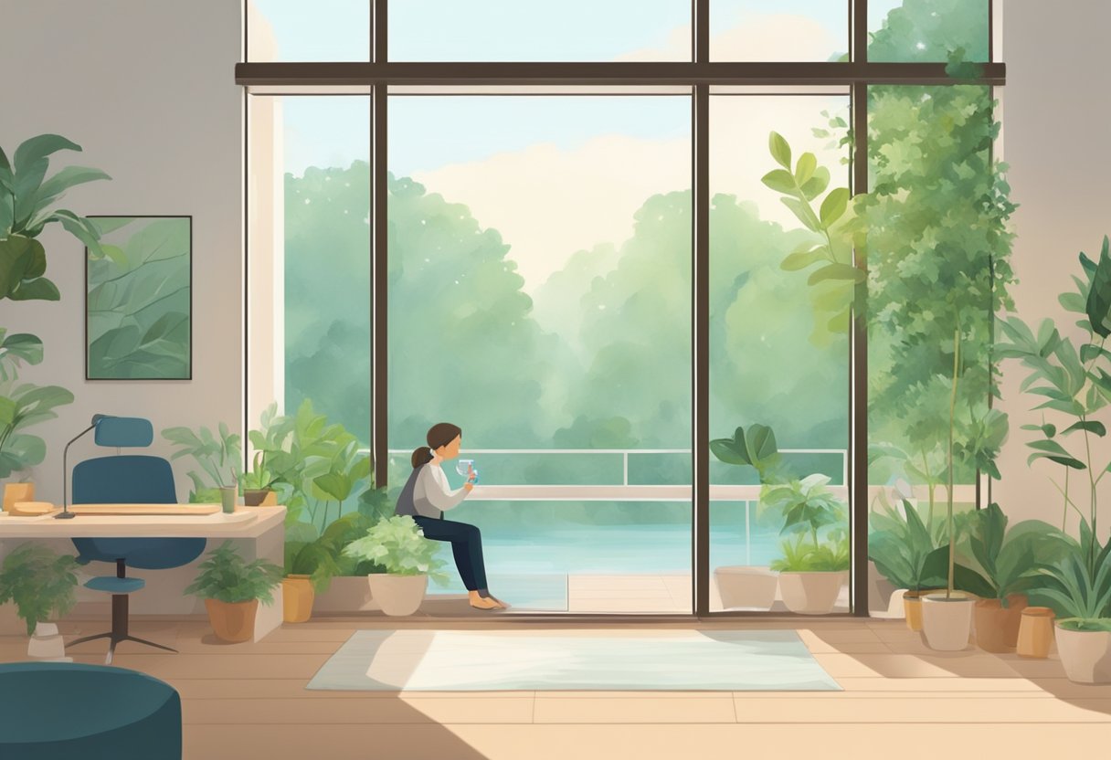 A serene, clean environment with fresh air and greenery. A person taking deep breaths and drinking water. A clean, organized space with natural light