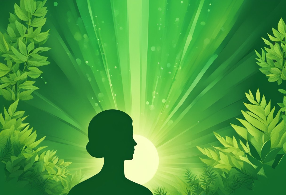 A person's silhouette surrounded by vibrant green plants, with rays of light shining down on them, representing the concept of strengthening the immune system and detoxifying the body after mold exposure