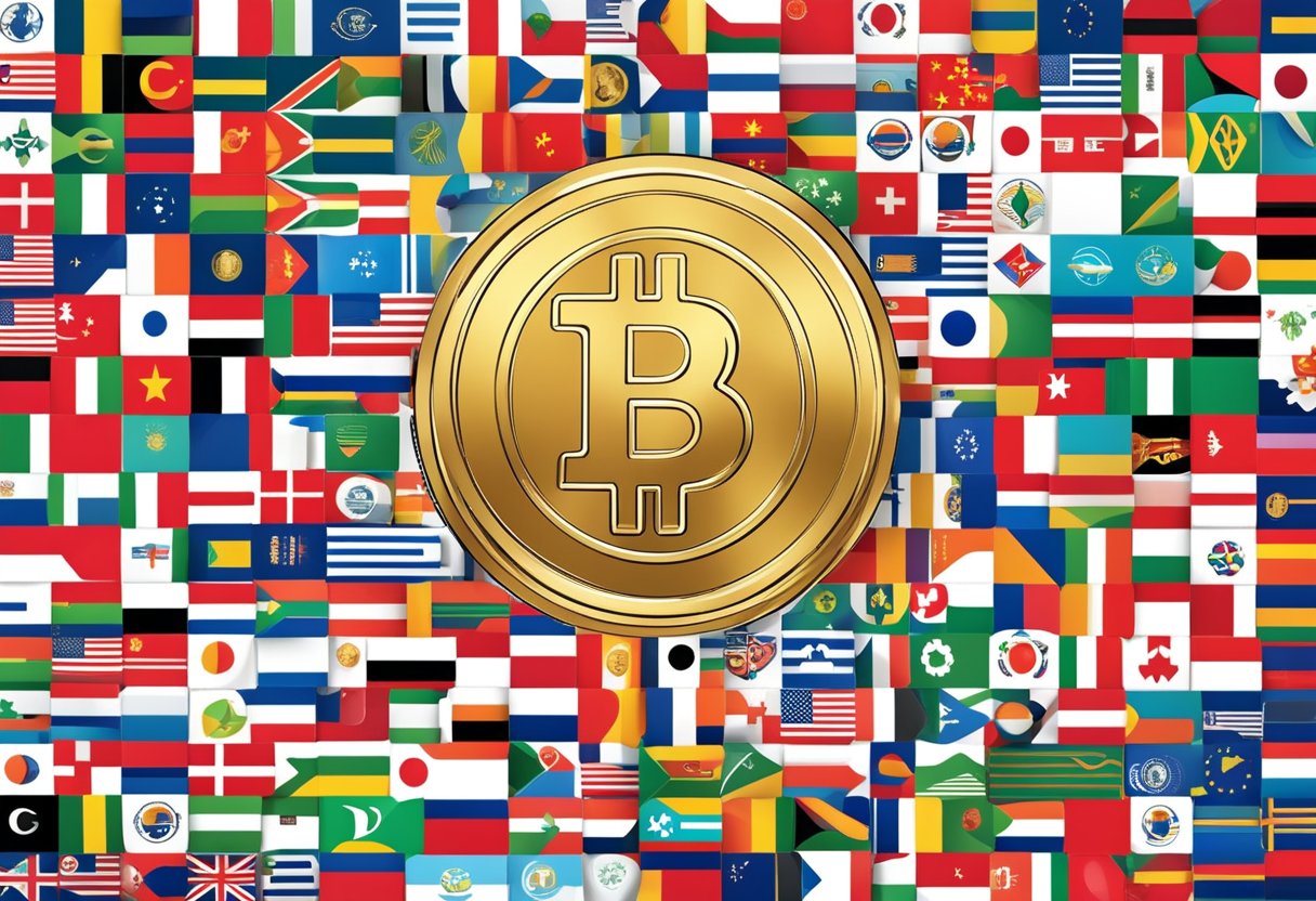 Visa allows crypto withdrawals globally. Debit card shown with crypto symbol. 145 country flags in background